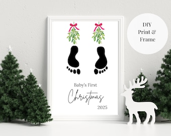 Baby's First Christmas Footprint Art 2025, Mistletoe Footprint Craft, DIY Infant Keepsake Gift, My First Christmas Handprint, 8x10 Printable