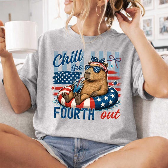 Chill the Fourth Out PNG, Funny Capybara Png, Chilling Capybara Shirt Designs, Capybara Meme, Fourth of July Designs Png, Funny July 4th Png
