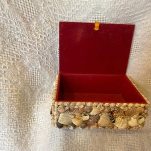 Puede incluir: Caja rectangular abierta con interior y tapa rojos. El exterior está decorado con varias conchas marinas. La caja está abierta, revelando el interior rojo. Una pequeña cinta amarilla está sujeta a la tapa.