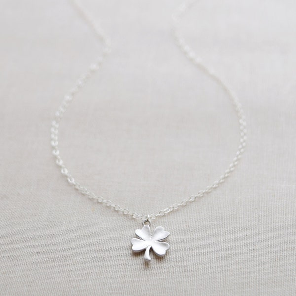 Silver Clover Necklace, Small Shamrock Necklace, Silver 4 Leaf Clover Charm, Four Leaf Clover, Lucky Silver Necklace, Olive Yew - 1127