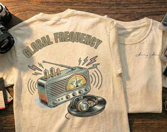 Chemise radio vintage Global Frequency, t-shirt radio amateur rétro, cadeau pour audiophile, graphique de diffusion en ondes courtes, streetwear analogique d'archives de l'Atlas