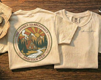 T-shirt Disconnect to Reconnect, chemise de cabine vintage trapèze, insigne de montagne rétro, atlas analogique, cadeau de camping explorateur, impression recto et verso