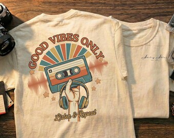 Chemise Good Vibes Only, chemise soleil rétro minimaliste des années 70, t-shirt graphique abstrait coucher de soleil, impression recto et verso, art moderne vintage