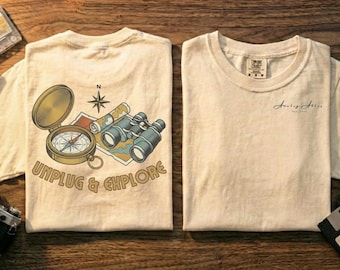 Chemise Unplug & Explore, t-shirt Explorer vintage, graphique de randonnée rétro, aventure dans l'Atlas analogique, cadeau détox numérique, vêtements pour amateur de plein air