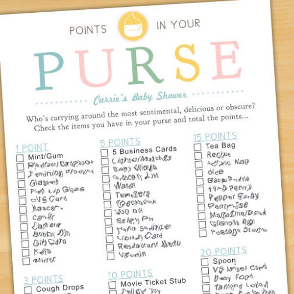 Baby or Bridal Shower Points in Your Purse Game - DIY Printable and Personalized