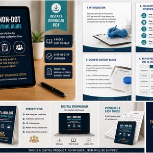 Op de afbeelding: Een digitale DOT en Non-DOT drugstestgids voor verzamelaars en nieuwe verzamelpunten. Het document bevat een inleiding, een overzicht van het verzamelproces, basisprincipes van de bewijsketen en een vergelijkingstabel tussen DOT en Non-DOT.
