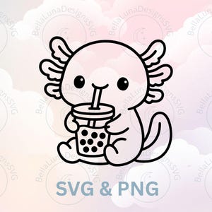 May include: Black and white cartoon axolotl illustration, holding a bubble tea. The axolotl is smiling and has large eyes. The image includes the text "SVG & PNG". The background is a soft pink and white gradient.