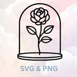 May include: A black line drawing of a rose in a glass dome. The rose is detailed, with a stem and leaves. The image includes the text "SVG & PNG".