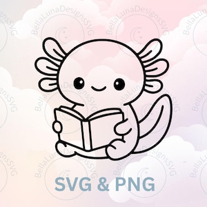 Può includere: Un disegno a tratto nero e bianco di un axolotl che legge un libro. L'axolotl sorride e ha branchie piumate. Il testo "SVG & PNG" è sotto. Lo sfondo è una morbida sfumatura rosa e bianca.