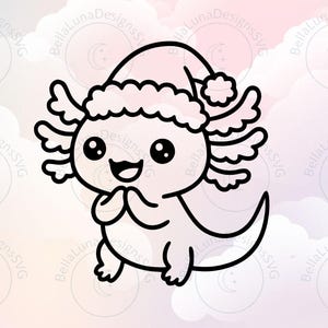 Puede incluir: Un ajolote de dibujos animados en blanco y negro con un gorro de Papá Noel. El ajolote tiene ojos grandes, una boca sonriente y junta las manos. El fondo es un degradado suave de rosa y blanco, con un diseño de nubes.