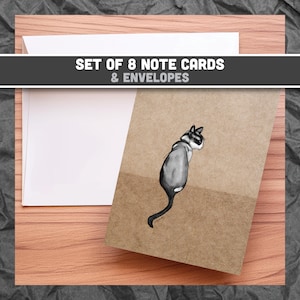 8 cartões de nota de gato em branco para amantes de gatos, artigos de papelaria fofos com raquetes de neve, presente de aniversário para senhora gato, presente de aniversário para mãe de gato, cartões A2