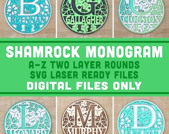 Shamrock SVG, glowforge laser ready file, circle monogram SVG cricut, st paddys day decor, saint patricks day svg, alphabet name sign pdf