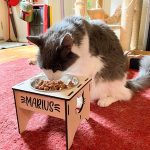 May include: A gray and white cat eats from a raised wooden pet food bowl. The bowl is light brown and has the name "Marius" engraved on the front. The bowl is raised on four legs.