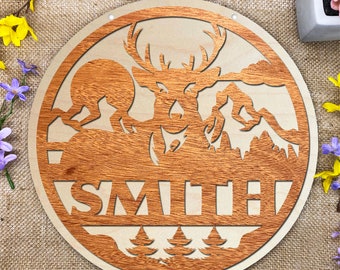 Deer name sign, hunting home decor, personalized wall art, housewarming gift for family, newlywed gift, anniversary gift for hunter, antlers