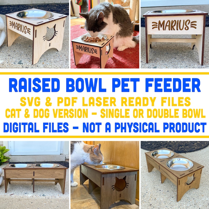 May include: Laser cut wood pet feeder with a single stainless steel bowl. The feeder is raised on two legs and has the name "MARIUS" engraved on the front. The feeder is shown with a cat eating from the bowl.