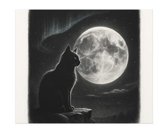 月明かりに照らされた猫のキャンバスプリント：神秘的な猫と月の壁