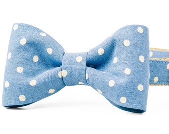 Crew LaLa ™ Ivory Dot on Dusty Blue Canvas Bow Tie Dog Collar