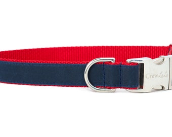 Crew LaLa Navy on Red Waxed Cotton Dog Collar