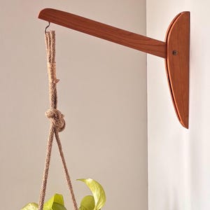Könnte beinhalten: Eine wandmontierte Pflanzenhalterung aus Holz in warmem Braunton mit einer geschwungenen Rückplatte und einem horizontalen Arm. Ein Metallhaken am Ende des Arms trägt ein dickes, naturfarbenes Juteseil, an dem eine grüne Blattpflanze hängt.
