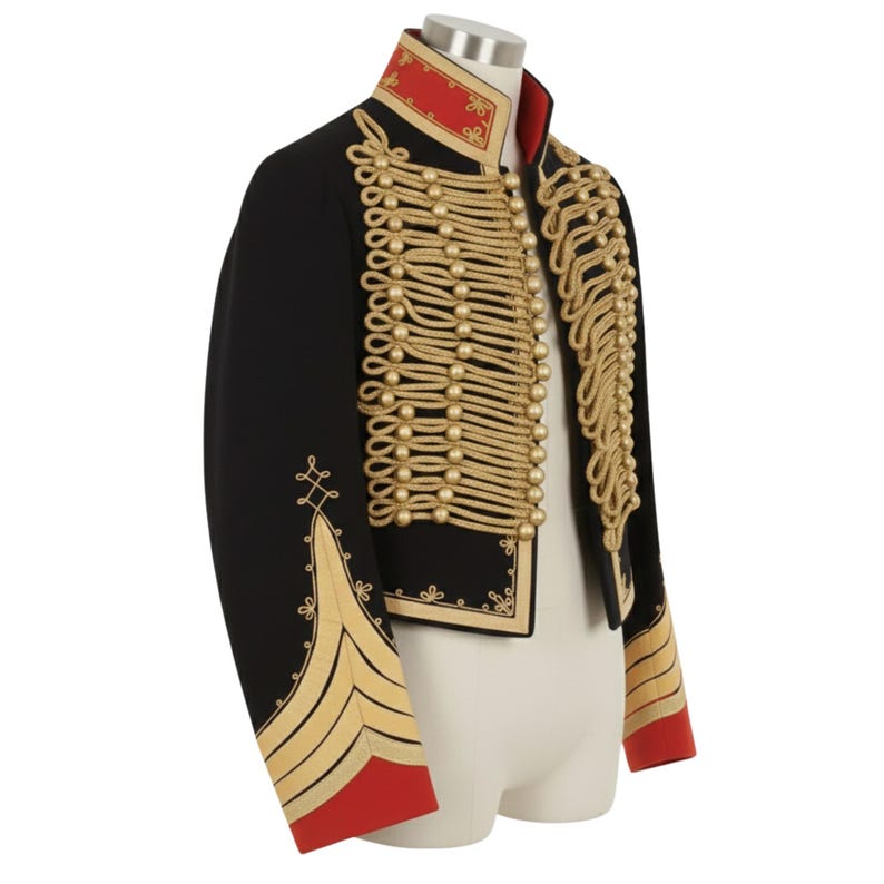 May include: Black military-style jacket with gold rope detailing and gold buttons. The jacket features red accents on the collar and cuffs. The jacket is displayed on a mannequin.