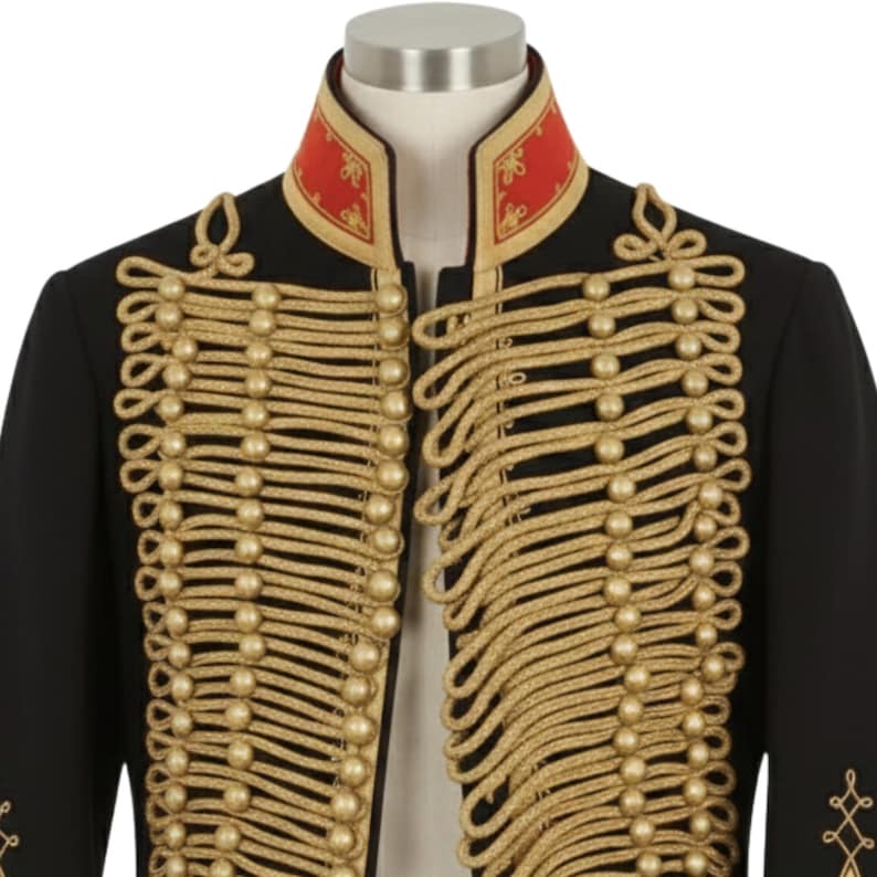 May include: Black military-style jacket with gold rope detailing and gold buttons. The jacket features a red collar with gold trim. The design is reminiscent of a historical uniform, with intricate embellishments.