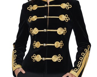 Women’s Vintage Military Hussar Jacket Black Velvet Gold Trim Hussar Style Parade Costume