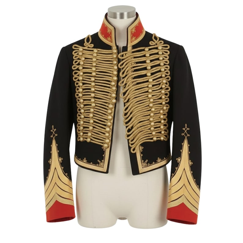 May include: A black cropped jacket with gold rope detailing and gold buttons. The jacket has a red collar and red cuffs with gold trim. The jacket is displayed on a white mannequin.