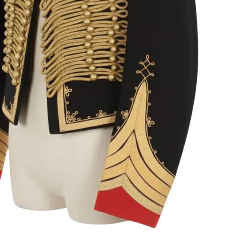 May include: Black military-style jacket with gold embellishments. The jacket features gold rope detailing, gold buttons, and gold embroidery along the sleeves and edges. The sleeve cuffs are red. The jacket is displayed on a mannequin.