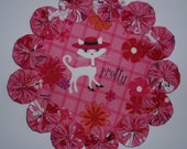 Pretty White Cat on Pink Plaid Background 8.5 quot Yo Yo Doily