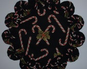 Candy Canes and Holly on Black 8.5 quot Yo Yo Doily