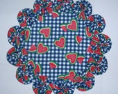 Watermelon Hearts on Navy Blue and White Gingham 8.5 quot Yo Yo Doily