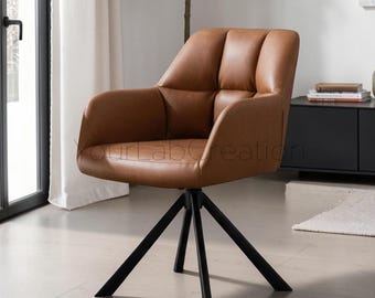 Office Chair Modern Desk Accent Chair Brown Leather Swivel Metal Legs Padded Seat