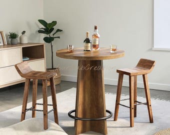 Round Wood Bar Table, Rustic Bistro Coffee Table, Metal Footrest, Small Space Furniture