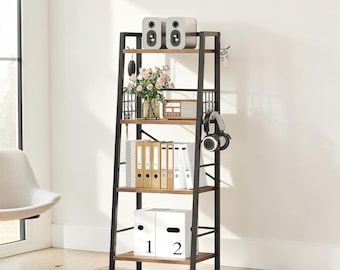 4 Tier Ladder Shelf, Rustic Industrial Bookshelf, Standing Storage Unit for Bedroom