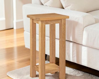 Tall Oak Side Table, Narrow Wooden Plant Stand with Shelf, Bedroom Hallway