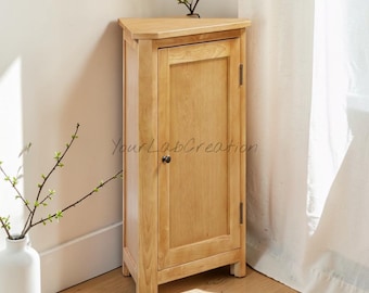 Small Oak Corner Cabinet, Rubberwood Frame, Modern Storage Unit
