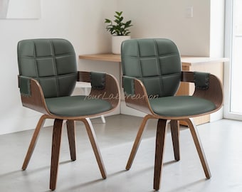 Mid-Century Swivel Armchairs Set of 2, Faux Leather Kitchen Chairs, Wood Legs