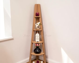 5-Tier Corner Ladder Shelf, Retro Wooden Bookcase for Living Room, Storage