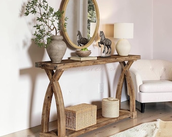 Wood Console Table 63 inch, Farmhouse Couch Table Behind Sofa with 2-Tier Storage
