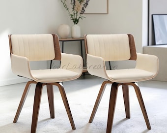 Swivel Dining Chairs Set of 2, Faux Leather Mid-Century Armchairs, Wooden Legs