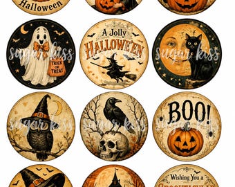 Könnte beinhalten: Ein Bogen mit zwölf runden Halloween-Aufklebern mit Vintage-Illustrationen von Kürbissen, einem Geist, einer schwarzen Katze, einer Hexe, einer Eule, einem Raben auf einem Totenkopf, einem Spukhaus und Texten wie Happy Halloween, BOO und Spooktacular.