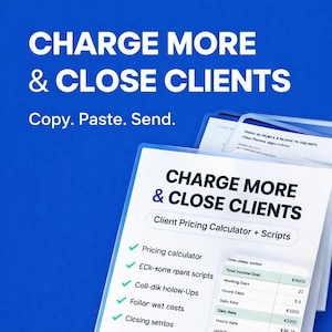 Calculadora de precios para clientes y guiones para copiar y pegar, cobra más y consigue clientes rápidamente, guía de precios para freelancers, plantilla de propuesta con guiones para mensajes directos