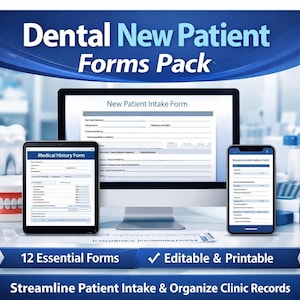 Könnte beinhalten: Digitale Darstellung eines Dental-Formularpakets für Neupatienten, einschließlich eines Computermonitors, eines Tablets und eines Smartphones, die jeweils Patientenaufnahmeformulare anzeigen. Der Text "Dental New Patient Forms Pack" und "12 Essential Forms".