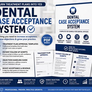 Può includere: Un pacchetto PDF bianco e blu del Dental Case Acceptance System. Il pacchetto include modelli, script e guide per aumentare l'accettazione, gestire le obiezioni e aumentare i ricavi per gli studi dentistici. Il testo recita "Trasforma i piani di trattamento in sì."