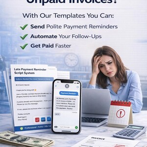 May include: Image shows a woman looking stressed at a desk with unpaid invoices. The image includes a laptop, smartphone, calendar, calculator, and money. Text on the image reads "Tired of Chasing Unpaid Invoices?" and "Get Paid Faster."