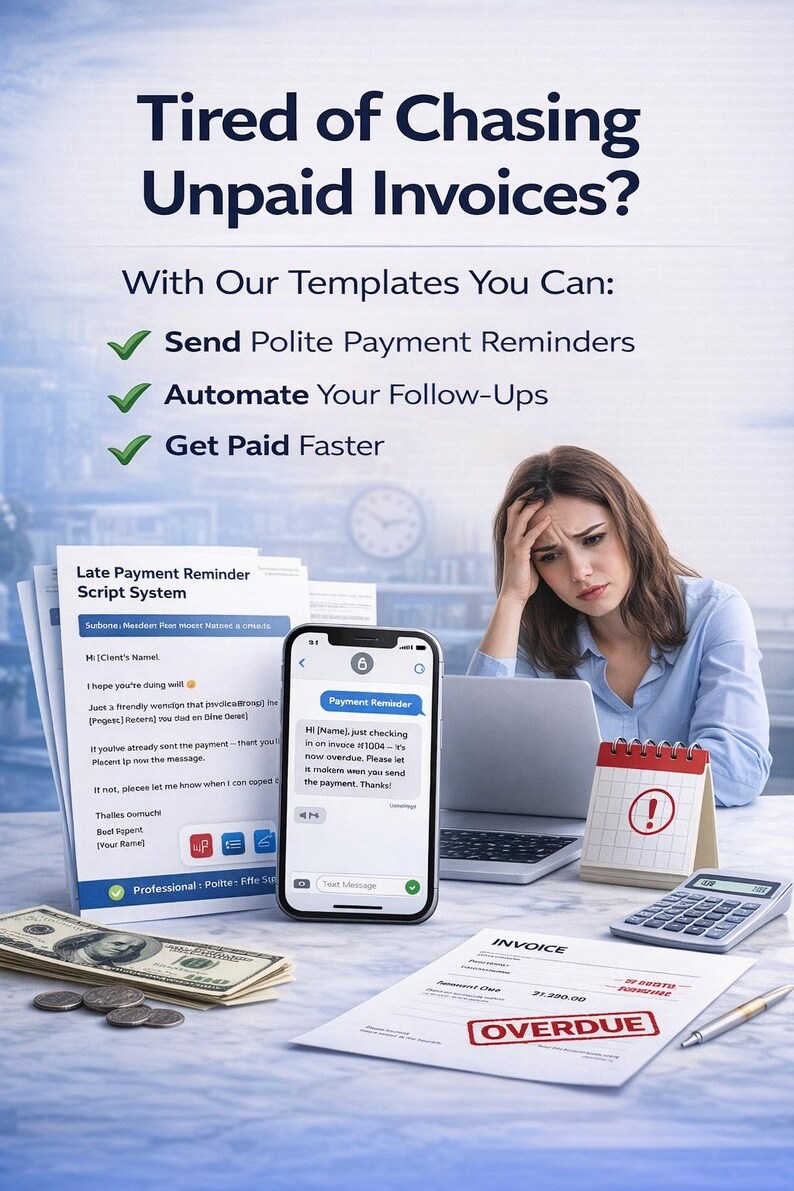 May include: Image shows a woman looking stressed at a desk with unpaid invoices. The image includes a laptop, smartphone, calendar, calculator, and money. Text on the image reads "Tired of Chasing Unpaid Invoices?" and "Get Paid Faster."