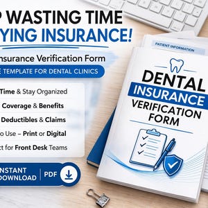 Dental Insurance Verification Form Template for Dental Clinics, Patient Insurance Check Sheet, Front Desk Dental Office Form