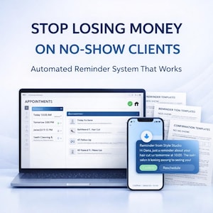Könnte beinhalten: Ein Laptop und ein Smartphone zeigen ein automatisiertes Terminerinnerungssystem. Der Bildschirm zeigt Termindetails, während das Telefon eine Erinnerungsnachricht anzeigt. Der Text oben lautet "STOP LOSING MONEY ON NO-SHOW CLIENTS."