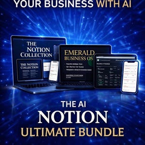 May include: A digital marketing graphic with the text "AUTOMATE & SCALE YOUR BUSINESS WITH AI." The image features laptops, tablets, and smartphones displaying the text "THE NOTION COLLECTION" and "EMERALD BUSINESS OS."