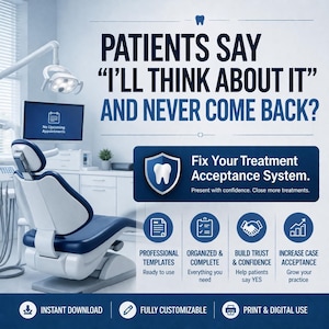 Può includere: Una pubblicità per uno studio dentistico con una poltrona blu e bianca. Il testo include: "I pazienti dicono 'Ci penserò' e non tornano più?" e "Risolvi il tuo sistema di accettazione del trattamento". Ulteriore testo promuove modelli, organizzazione, fiducia e accettazione dei casi.